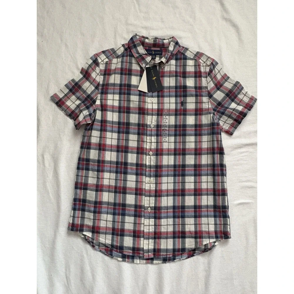 NEW Polo Ralph Lauren Boy's Button-Down Short Sleeve Shirt White Red Navy XLARGE - Picture 2 of 12
